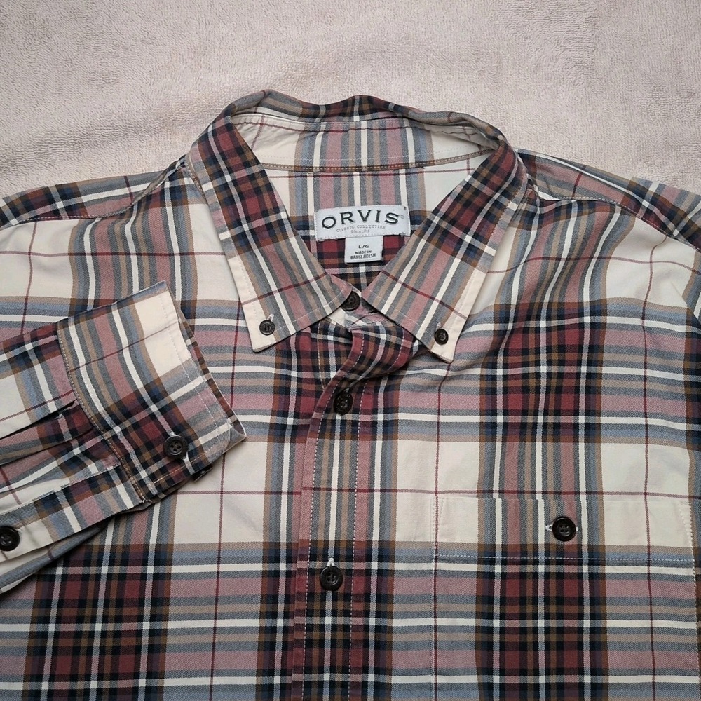 Orvis Mens Plaid Button Down Long Sleeve Shirt Size Large Cotton Blue/Red/Brown